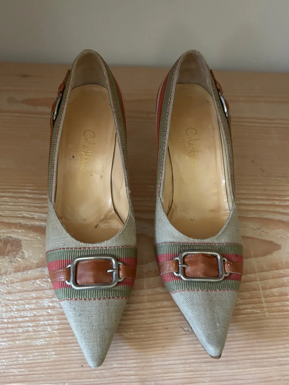 Cole Haan Pointed-Toe Pumps in Beige with Green & Red Stripes